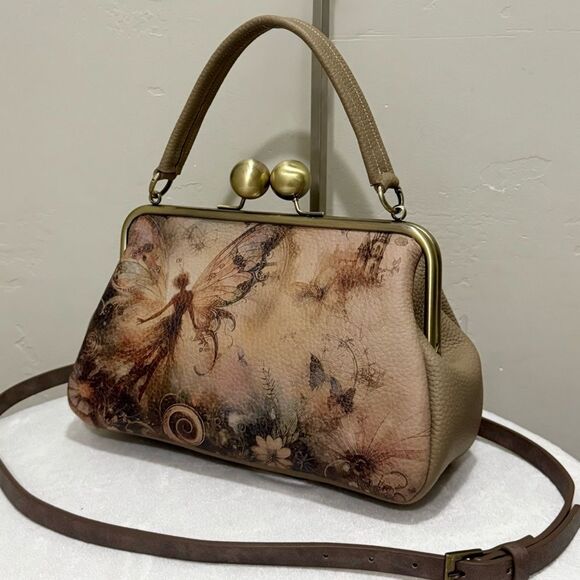 Unique Fairy Print Pebble Cowhide Handmade Large Ball Kisslock Handbag/Multi Use - Picture 11 of 16